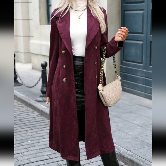 Women's Elegant Long Coat With Notched Collar, Double-Breasted, Cinched Waist - Picture 1 of 6